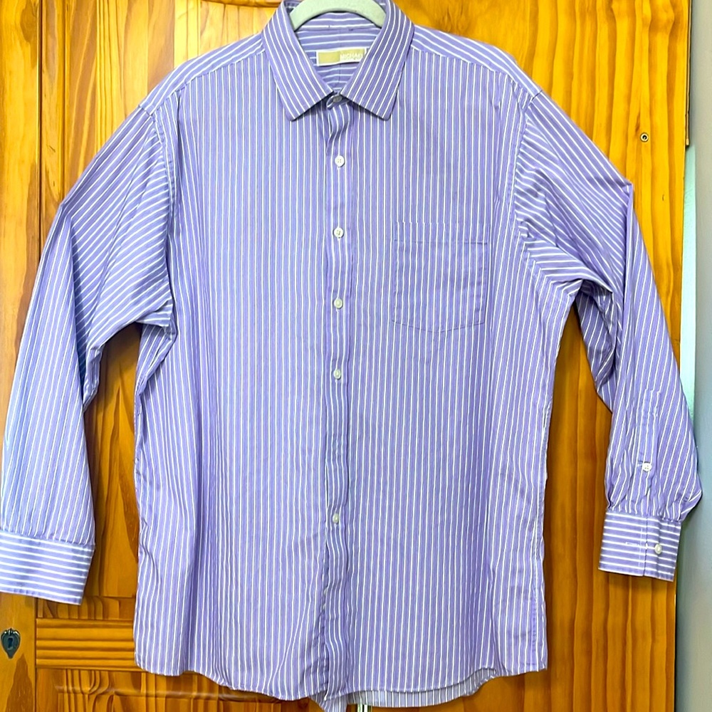 MICHAEL KORS BUTTON DOWN SHIRT MENS SIZE L 17.5 34/35 LONG SLEEVE PURPLE STRIPED
